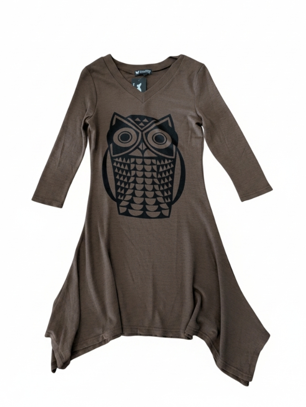 New Papillon Mocha Brown Knit Shark Bite Sides OWL Graphic NWT Sz S